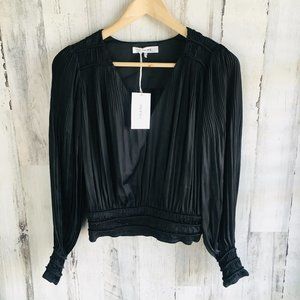 NWT $385 FRAME Blouson Sleeve Pleated Satin Top Noir Black Party Blouse XXS
